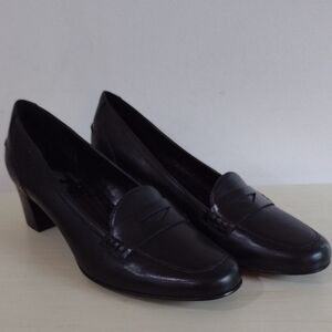 New Brooks Brothers Black Leather Loafers W Stacked Heel Size 6